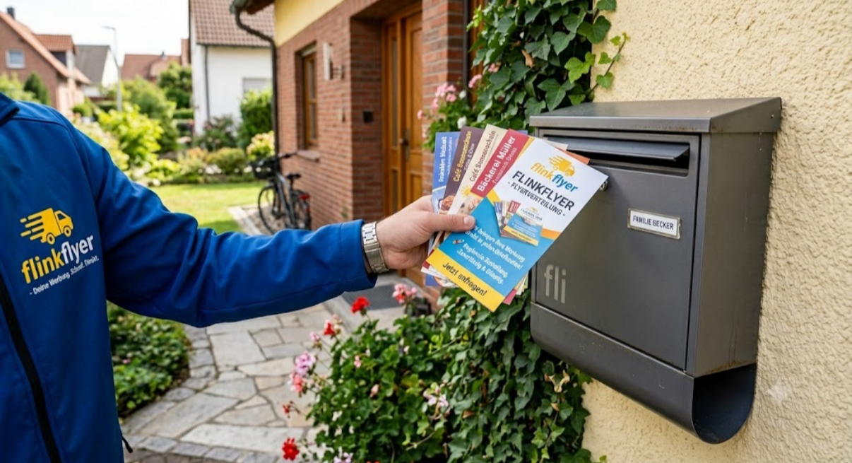 Verschiedene Flyer von Unternehmen werden in einen Briefkasten eingeworfen